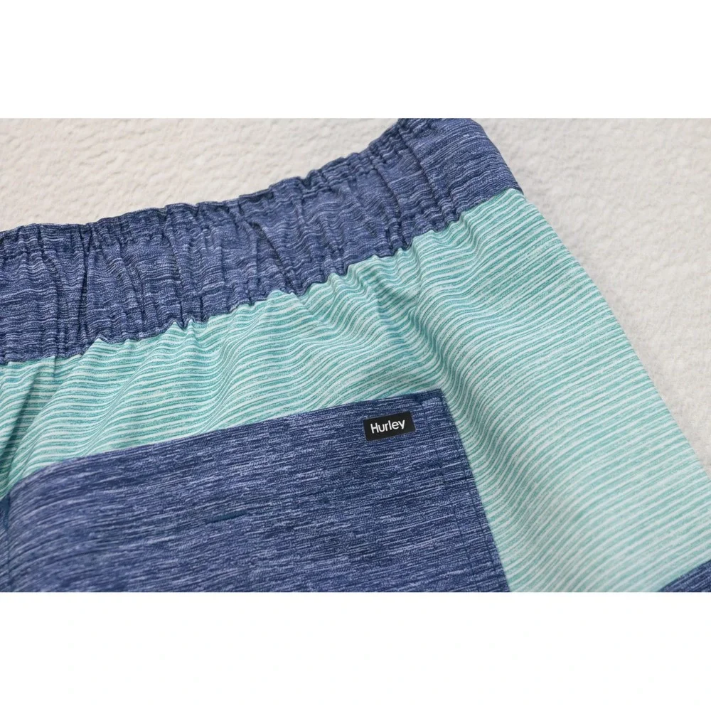 Hurley Swim Trunks Surf Shorts Mens Large Blue Teal Striped Mesh Liner Excellent
